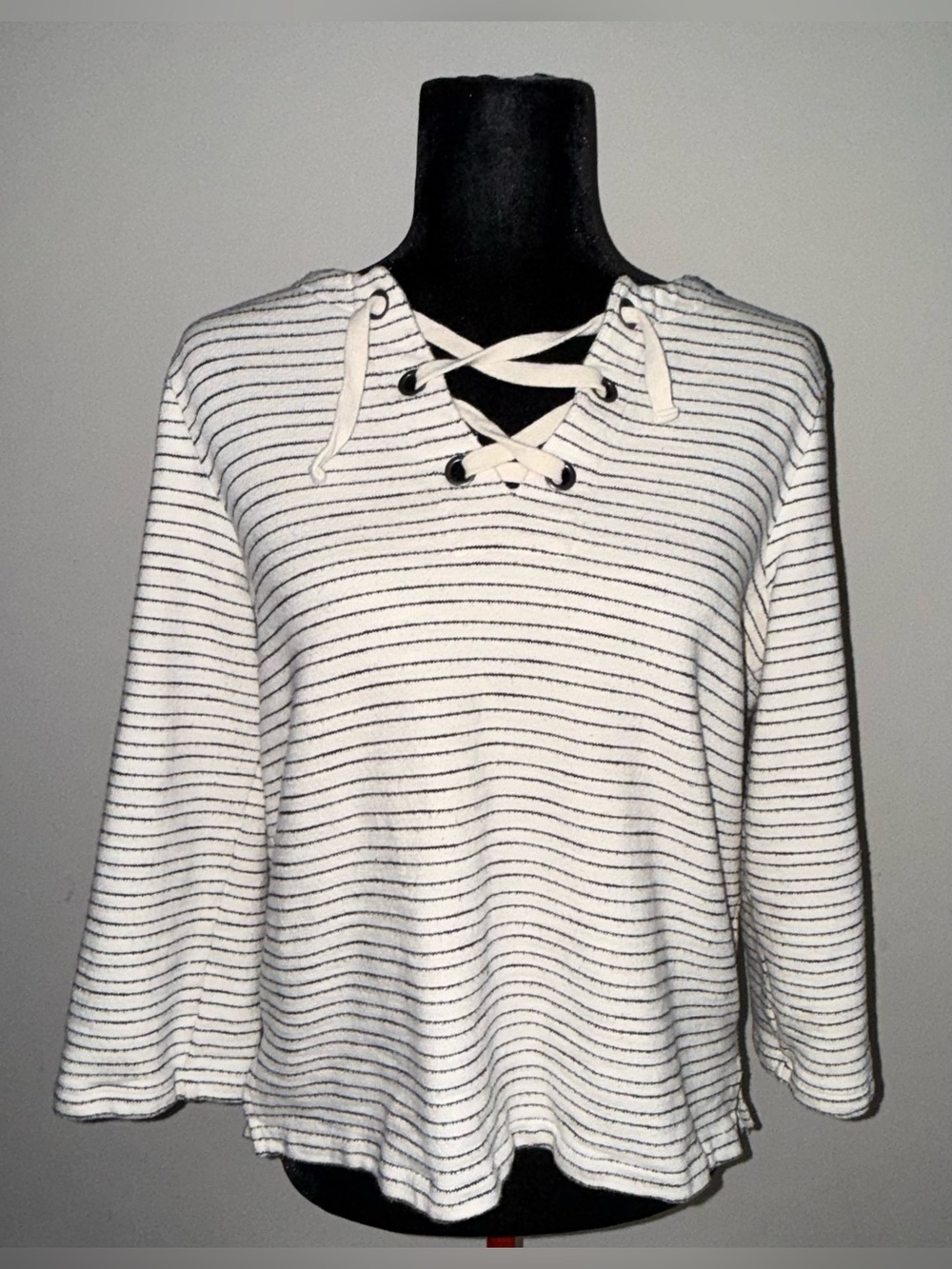 Madewell Striped Lace-Up Top Nautical Long Sleeve Knit Terry Pullover Medium